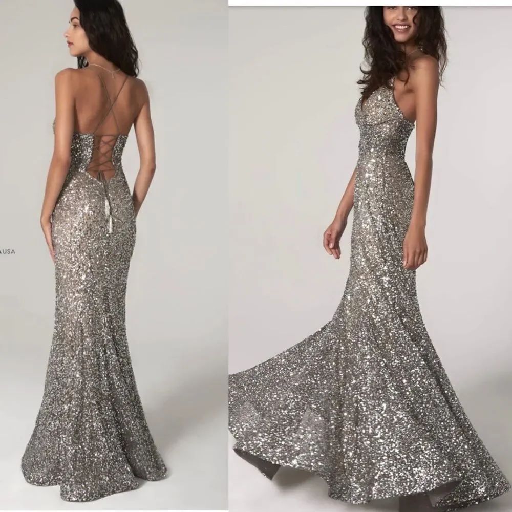 NEW SCALA silver sequined trumpet lace up back maxi gown dress 8